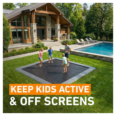Avyna Pro-Line MAX 15 ft × 15 ft square in-ground trampoline family lifestyle view