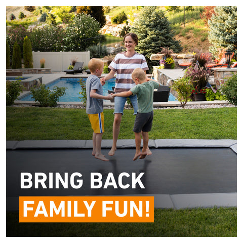 Avyna Pro-Line MAX 15 ft × 15 ft square in-ground trampoline active-play lifestyle view