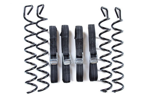 Four heavy-duty corkscrew trampoline anchors with frame straps
