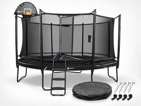 North Legend 14 ft Round trampoline bundle with Ladder Plus, basketball hoop, weather cover, and anchor set