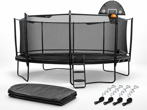 North Legend 16 by 11 ft Oval trampoline bundle with Ladder Plus, basketball hoop, weather cover, and anchor set