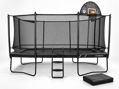 North Legend 17.5 by 12 ft Rectangle trampoline bundle with Ladder Plus, basketball hoop, and weather cover