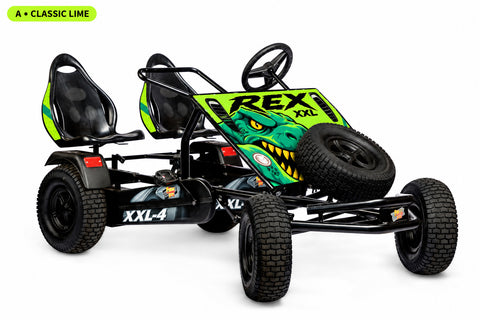 REX XXL-4 two-seat pedal kart concept with lime and emerald dinosaur graphics and front spare tire